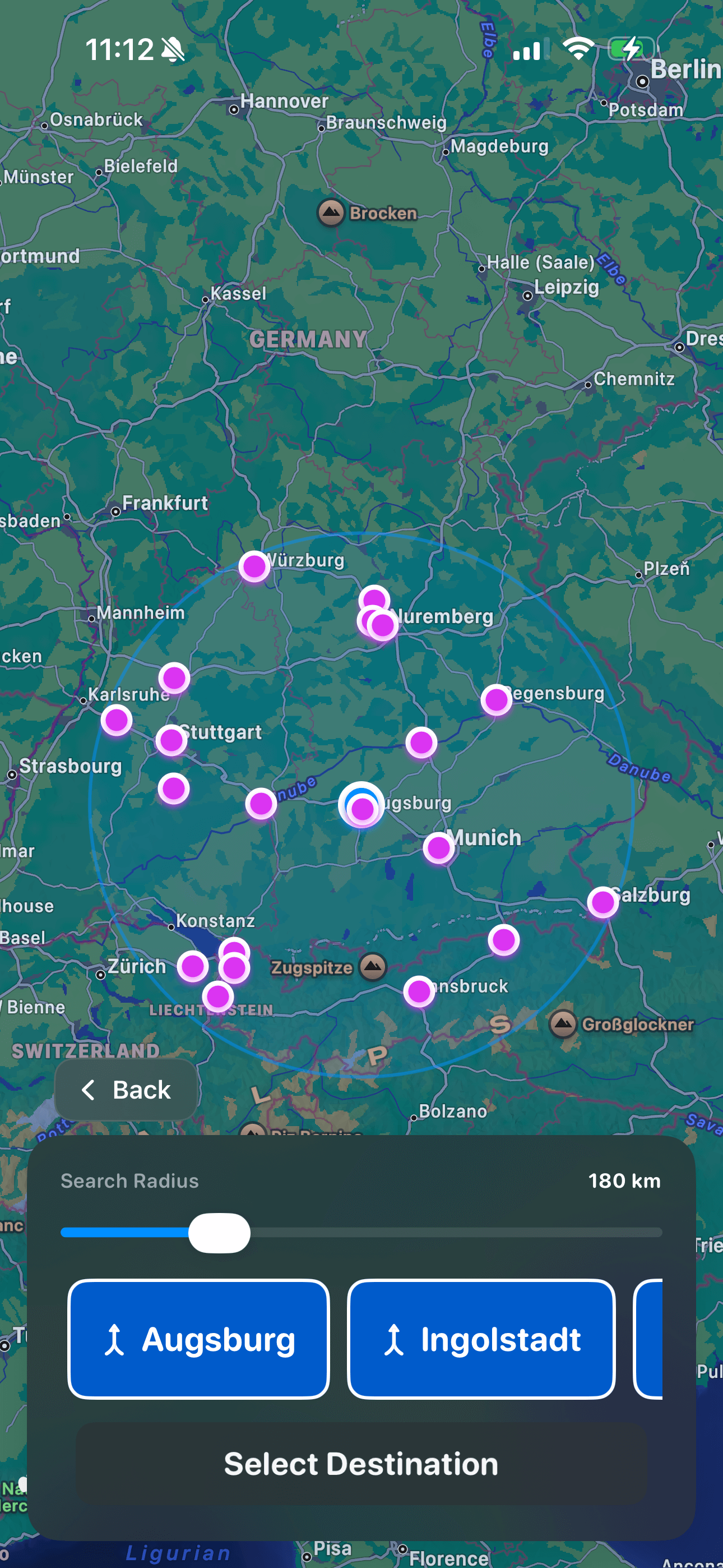 FocusDrive destinations screen showing available journey locations to choose from