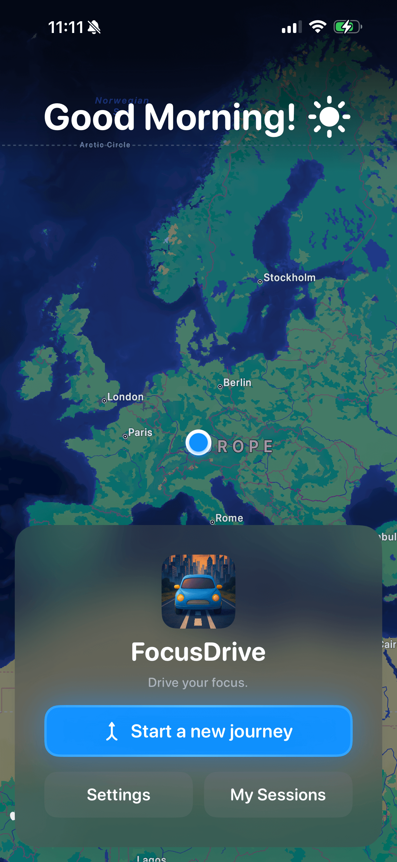 FocusDrive app home screen showing main menu and navigation interface