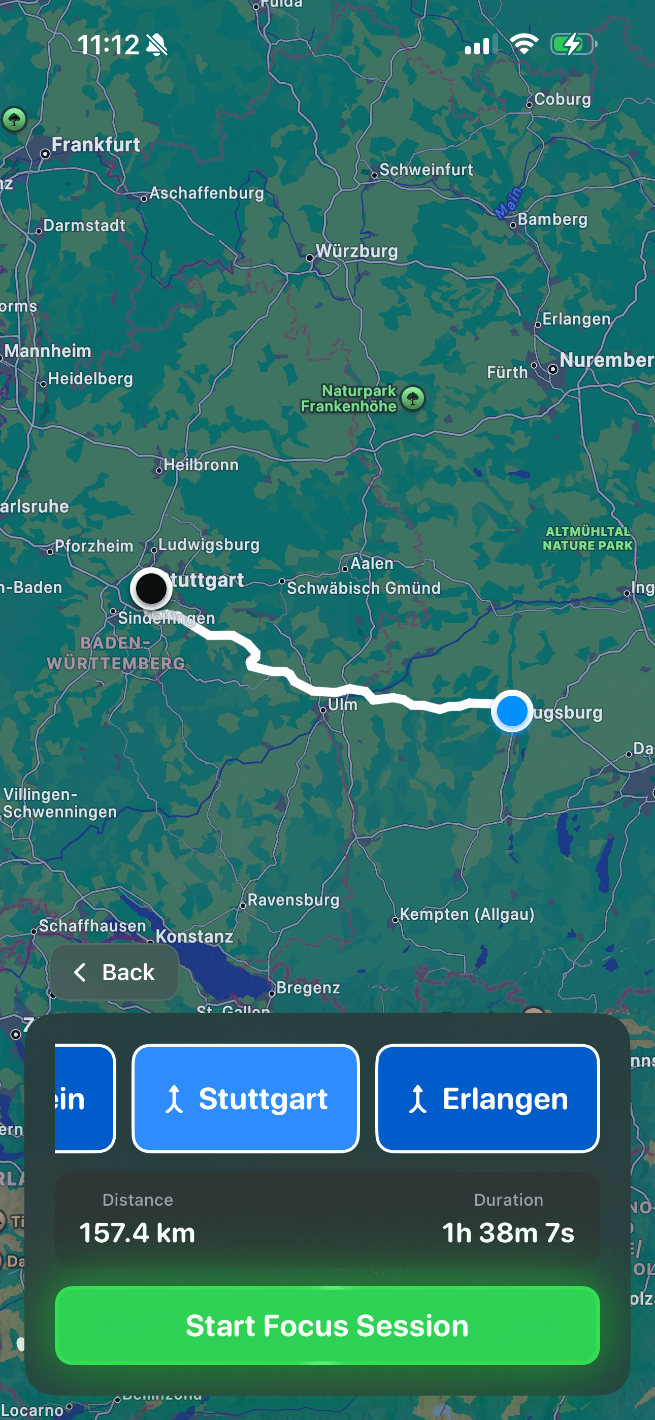 FocusDrive route planning screen displaying map with selected destination and driving route